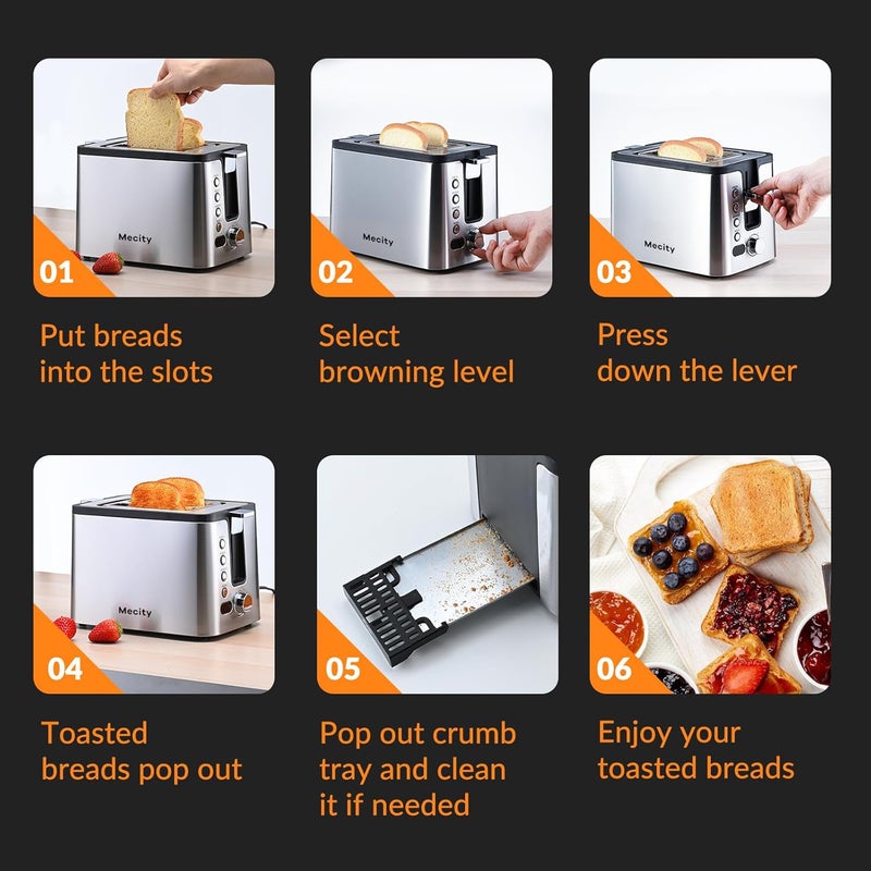 Mecity Toaster 2 Slice Stainless Steel Body, Timer, Bagel, Defrost, Reheat, Cancel Functions, Warming Rack, Removable Tray, 6 Browning Settings, Extra Wide Slots, Bread Toaster 800W - Image 4